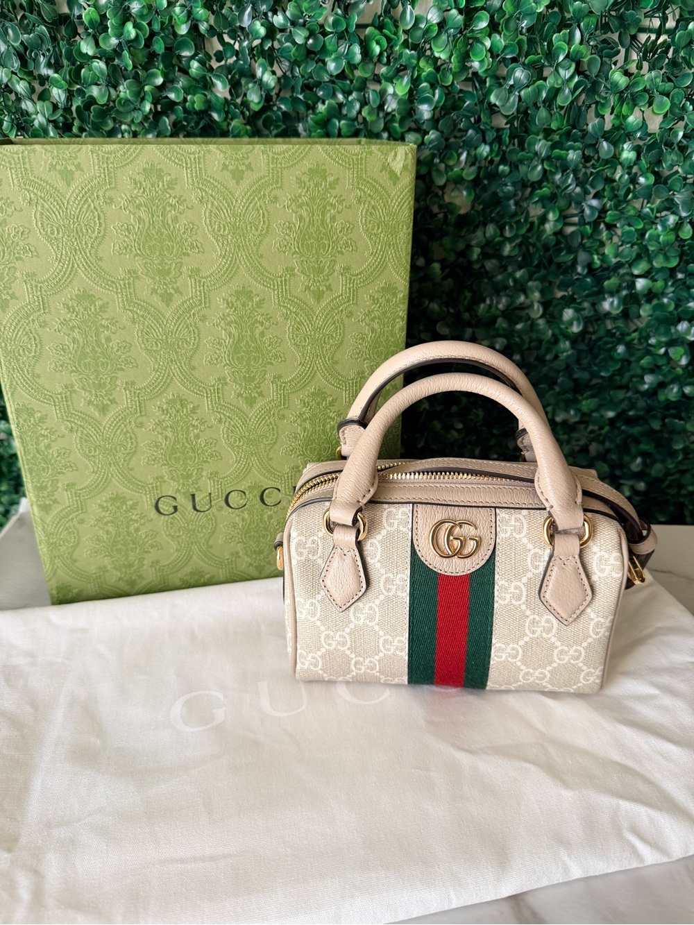Gucci Ophidia Mini Boston Bag in Beige Oatmeal with Green-Red Stripe Brand New!